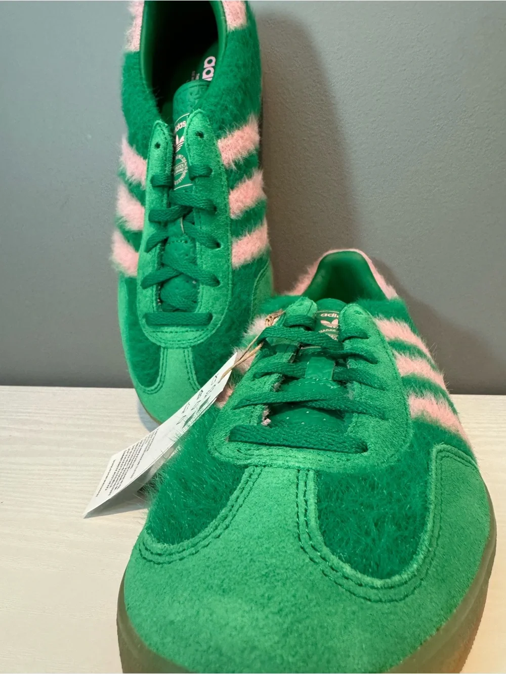 adidas Green with Pink Stripe Fuzzy Gazelle Sneakers